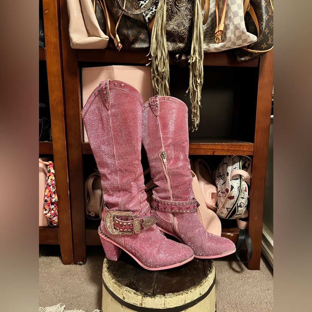 Dolls Kill Sugar Thrillz Sheriff Shine Knee High Cowboy Boots Pink - Picture 6 of 8